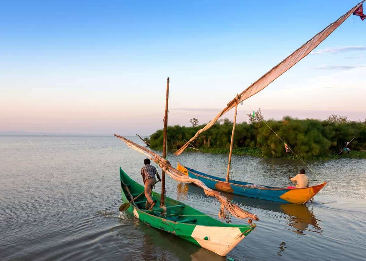 Fishing boats moored on Lake Victoria near the Ggaba shore at sunset